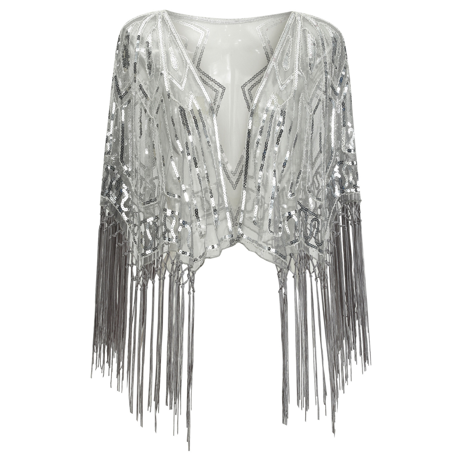 thumbnail image 2 of Capa de noche con chal, lentejuelas y adornos de los años 20 para mujer - Bolero flapper, poliéster, adornos de lentejuelas, tallas S-XXL, ropa de fiesta/cóctel, 2 of 5